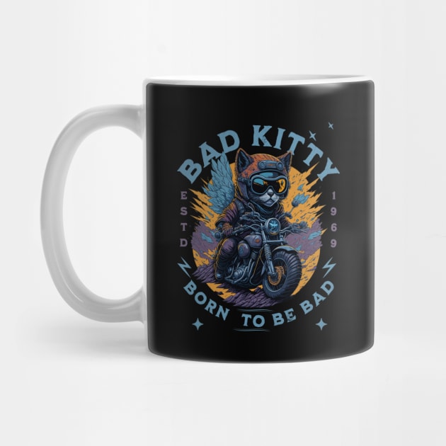 BAD KITTY: BORN TO BE BAD - Cat on motorcyle vintage design by Off the Page